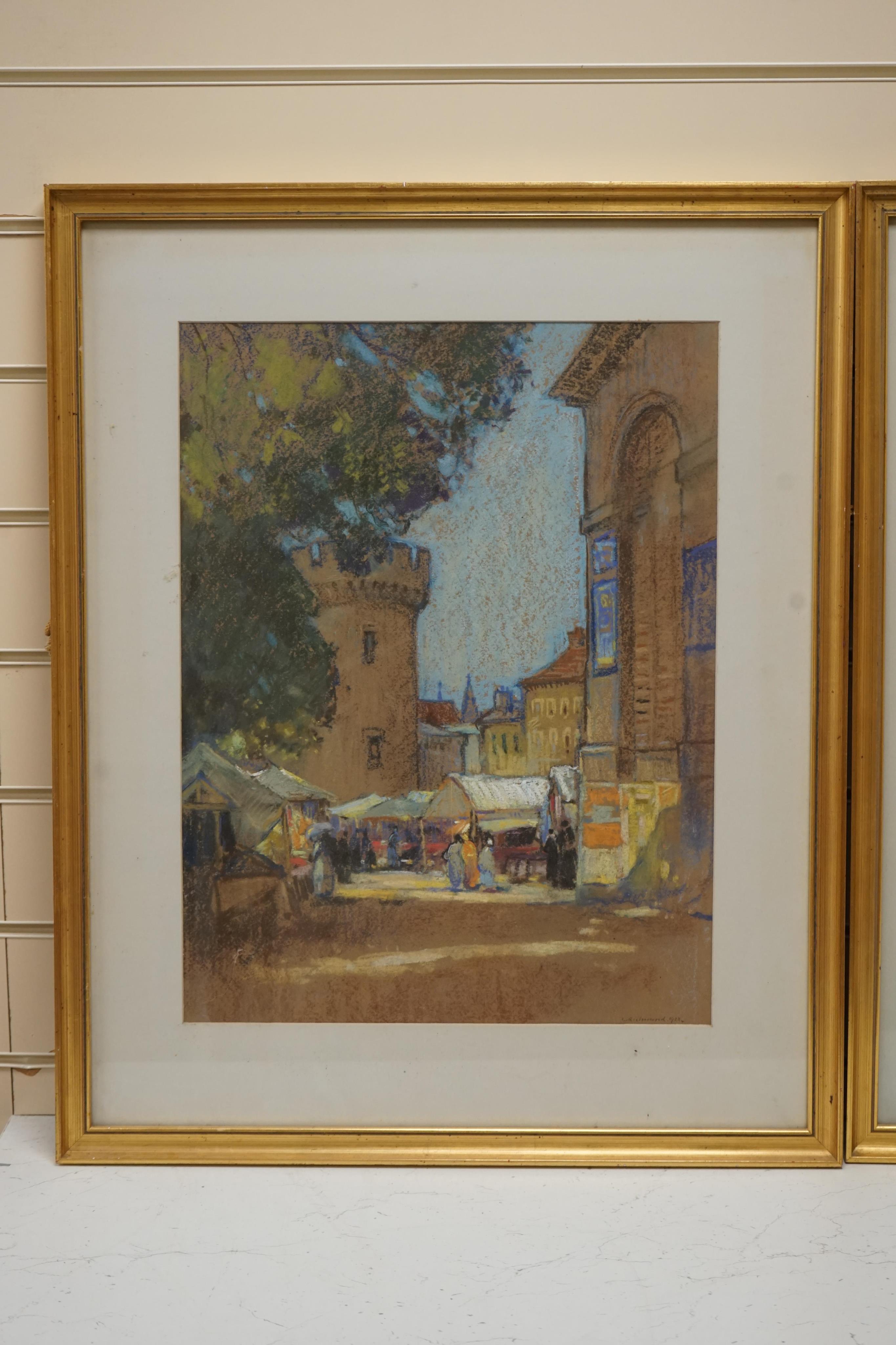 Leonard Richmond (1889-1965), pair of gouaches and pastels, Street scenes with figures, each signed and dated 1922, 48 x 37cm. Condition - good